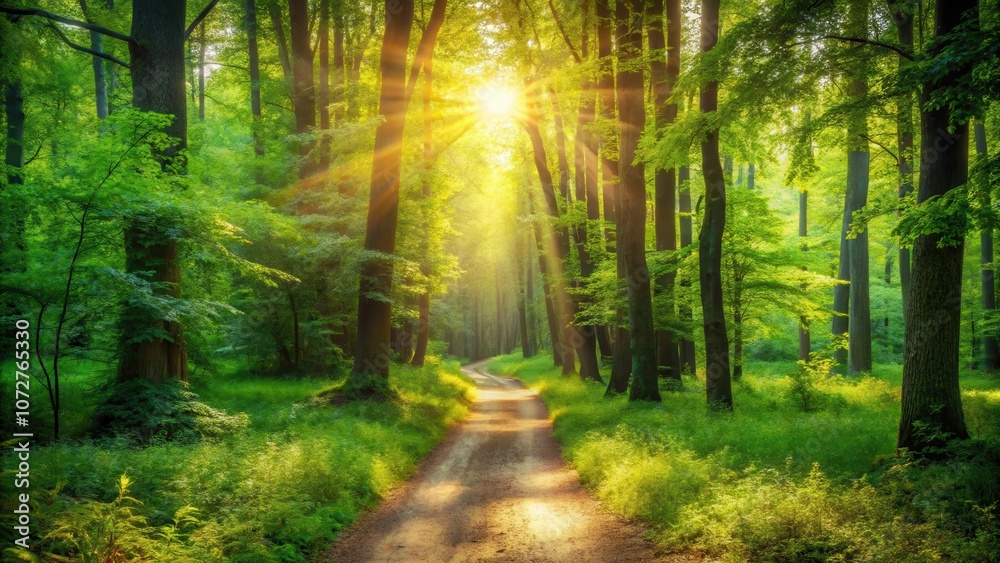 Fototapeta premium A sunlit path winds through a dense forest, illuminated by beams of golden light piercing the leafy canopy.