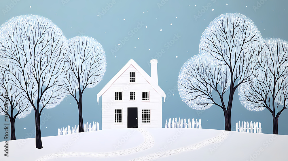 Naklejka premium A serene winter scene featuring a whimsical white house surrounded by frosty trees and a clear blue background. Whimsical. Illustration