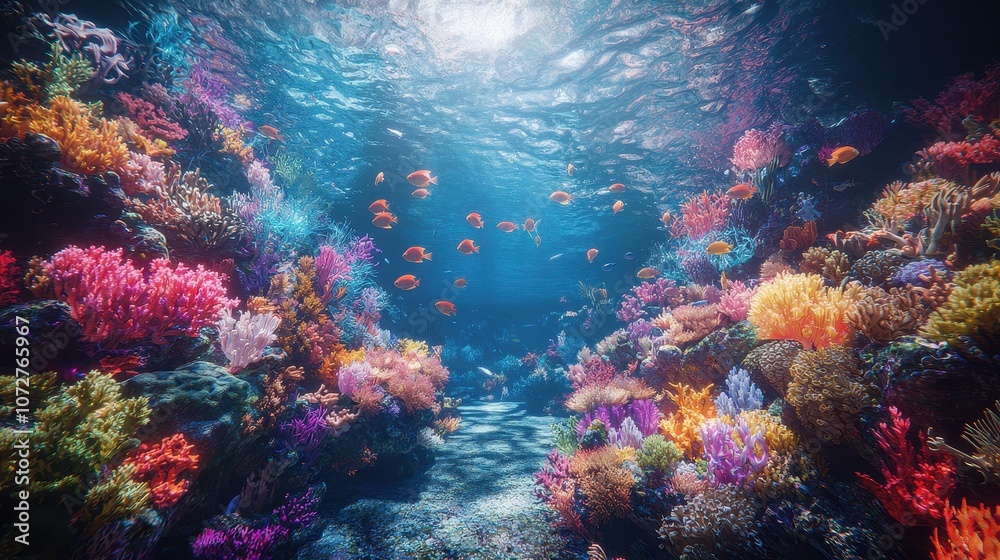 Naklejka premium A futuristic ocean with glowing coral reefs and neon-infused waves under a holographic sunset. Schools of digital fish swim through the bright coral, creating a lively and immersive seascape. 