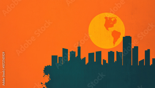 A vibrant sunset silhouette of a city skyline with shadowed buildings and an orange sky, featuring a globe icon within the sun.
