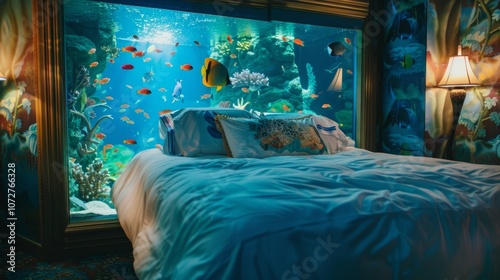 Dive into slumber in this aquaticthemed bedroom featuring a bed with a builtin aquarium headboard showcasing a vibrant school of tropical fish. photo