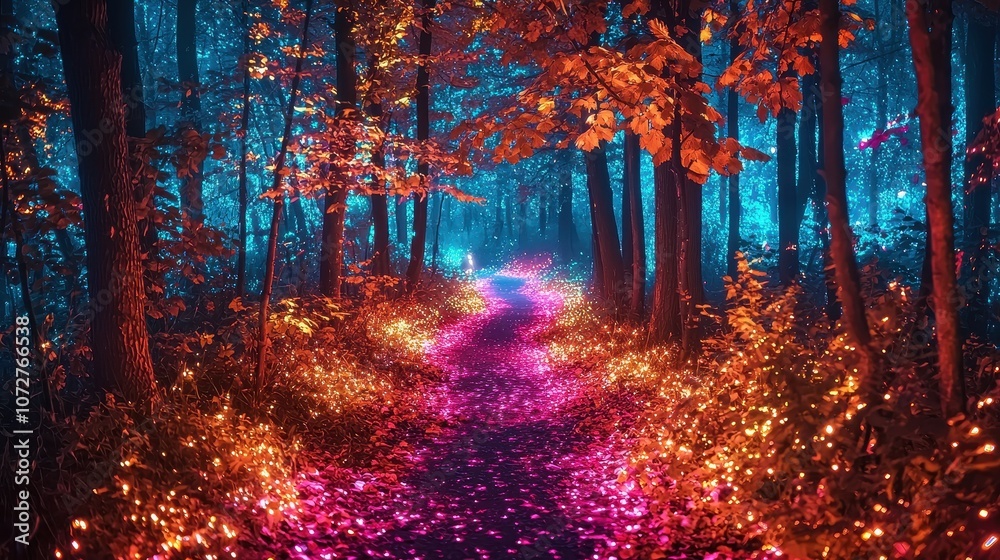 Fototapeta premium A luminous forest with glowing leaves and holographic paths under a sky filled with neon lights. The trees are alive with bioluminescent colors, creating a magical and vibrant environment. A