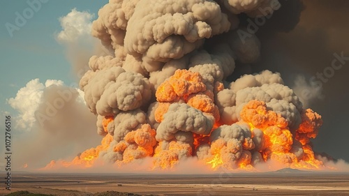 A massive fire engulfs the ground, sending towering smoke clouds high into the atmosphere, burning, wildfire photo