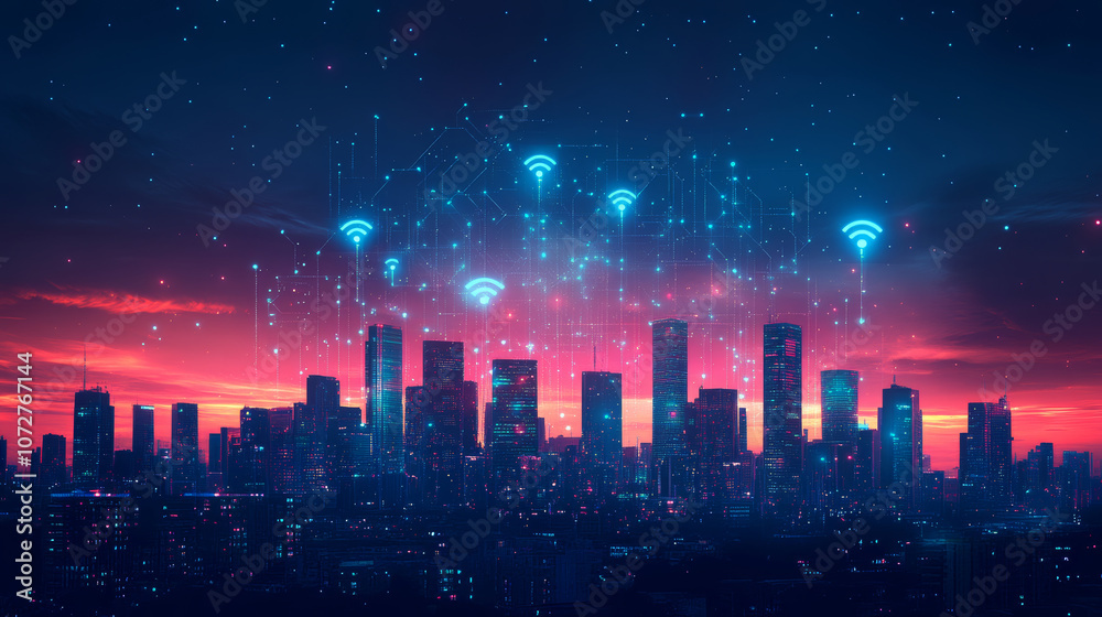 Illustration of 5G communication concept for future digital cities. Illustration of 5G communication concept for future digital cities.