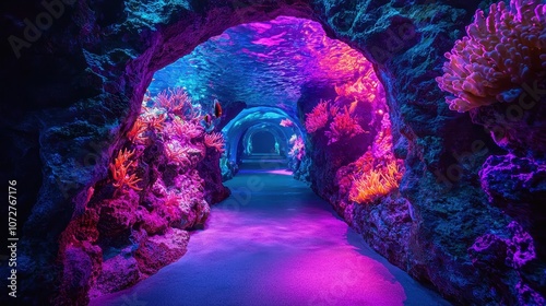 A neon-lit underwater cave with glowing corals and holographic marine life, casting a magical glow across the cave walls. The water shimmers with bioluminescent colors, creating a serene underwater  photo