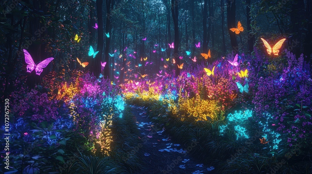 A sprawling neon forest filled with glowing plants and holographic butterflies, creating a vibrant and magical ambiance. The plants change colors, lighting up the forest in waves. A breathtaking A sprawling neon forest filled with glowing plants and holographic butterflies, creating a vibrant and magical ambiance. The plants change colors, lighting up the forest in waves. A breathtaking