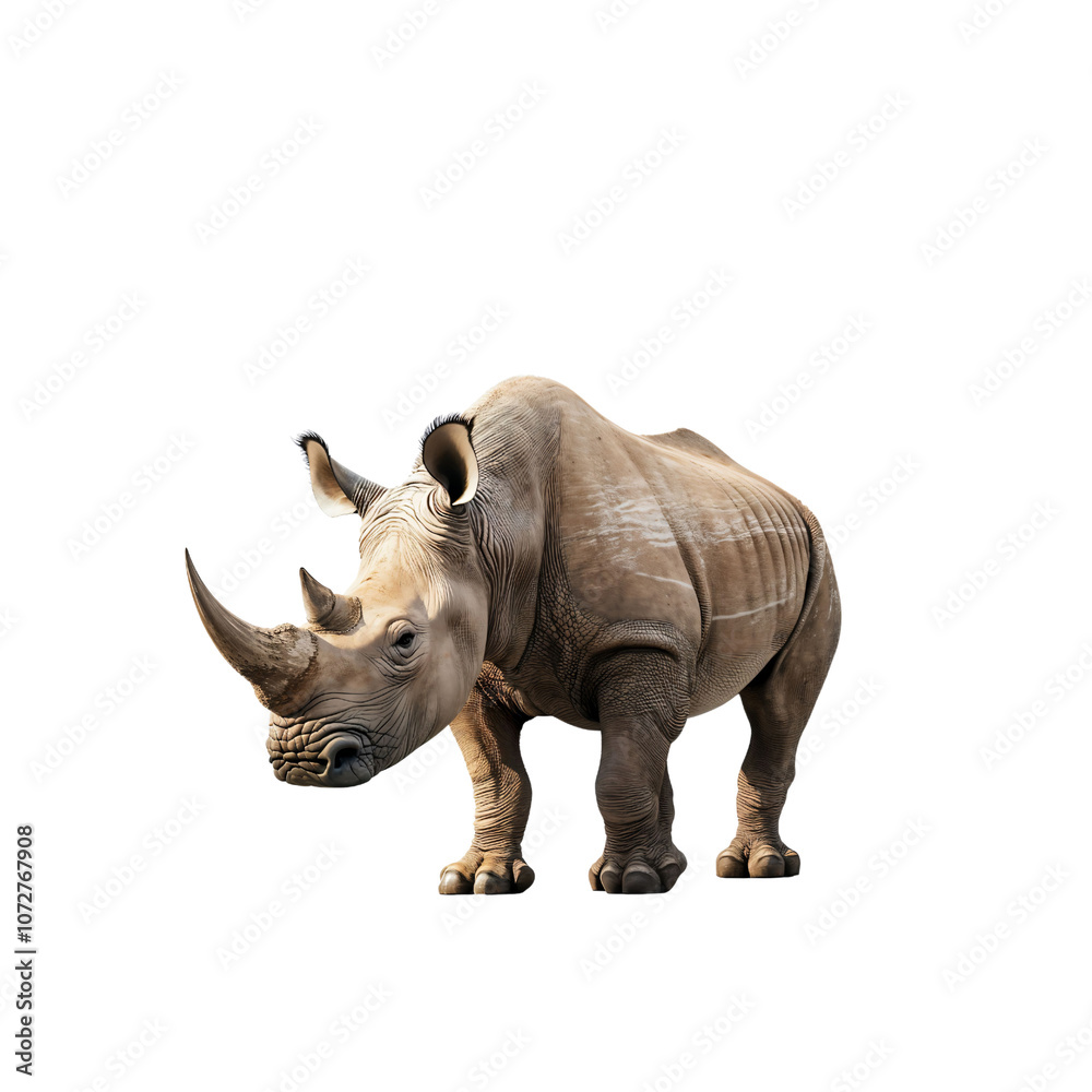 Obraz premium Explore the Majestic Rhinoceros: A Stunning Portrait of Nature's Strength and Beauty Captured Against a Solid Background, Celebrating Wildlife and Conservation Efforts Everywhere.