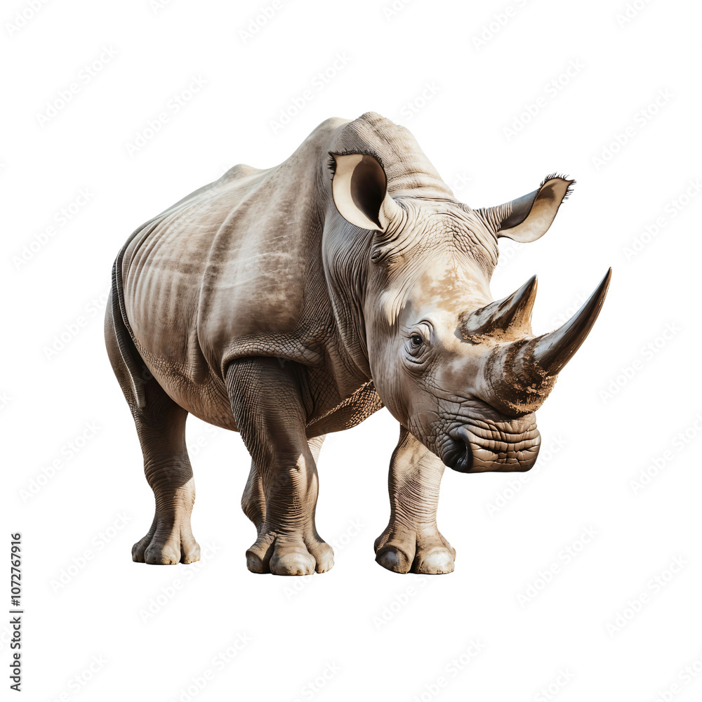 Obraz premium A Majestic Rhinoceros Stands Proudly Against a Dark Background, Capturing the Strength and Tradition of Wildlife Conservation Efforts Around the Globe.
