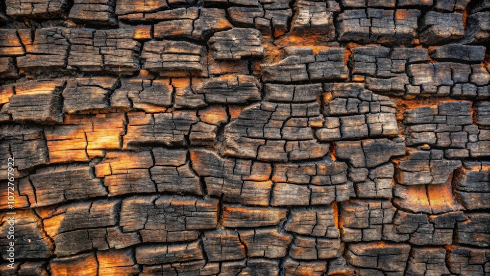 Fototapeta premium Charred Wood Bark Texture A Detailed Look at the Patterns and Colors of a Burned Tree Trunk