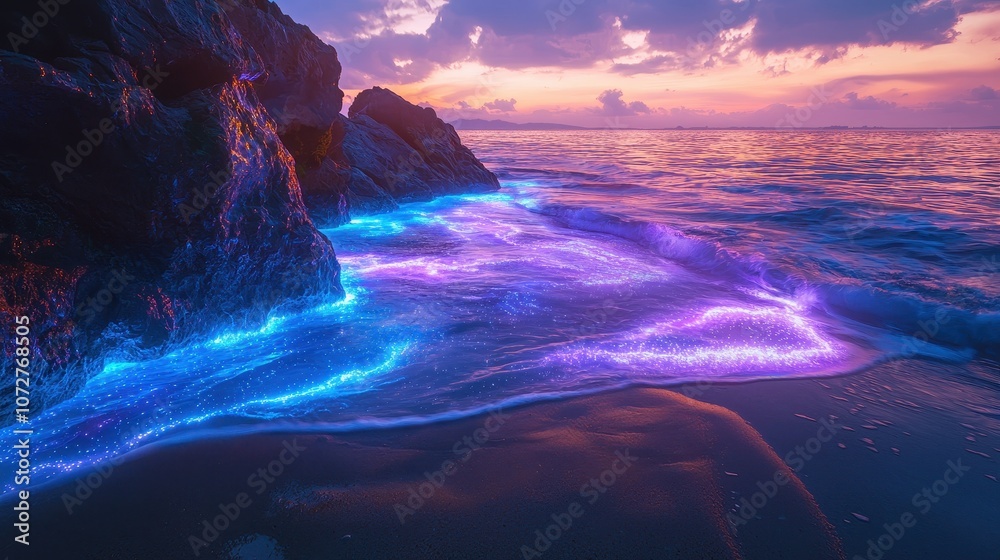 Naklejka premium A futuristic bay with glowing waves and bioluminescent rocks, illuminated under a neon-lit sky. The ocean shimmers in vibrant hues, blending marine beauty with futuristic elements. A mesmerizing 