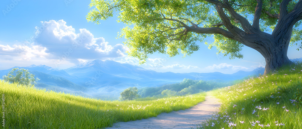 A tree is in the foreground of a field A tree is in the foreground of a field