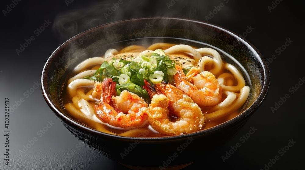 Japanese udon noodles with shrimps and vegetables on black background Japanese udon noodles with shrimps and vegetables on black background