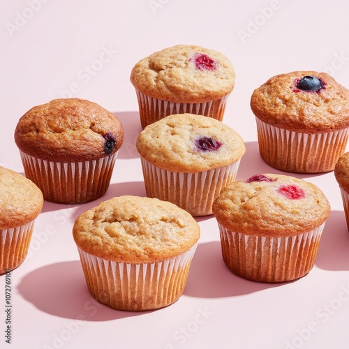 Fresh Whole Grain Muffins with Visible Grains and Berries, Perfectly Baked for a Delicious Snack or Breakfast Option on a Pink Background