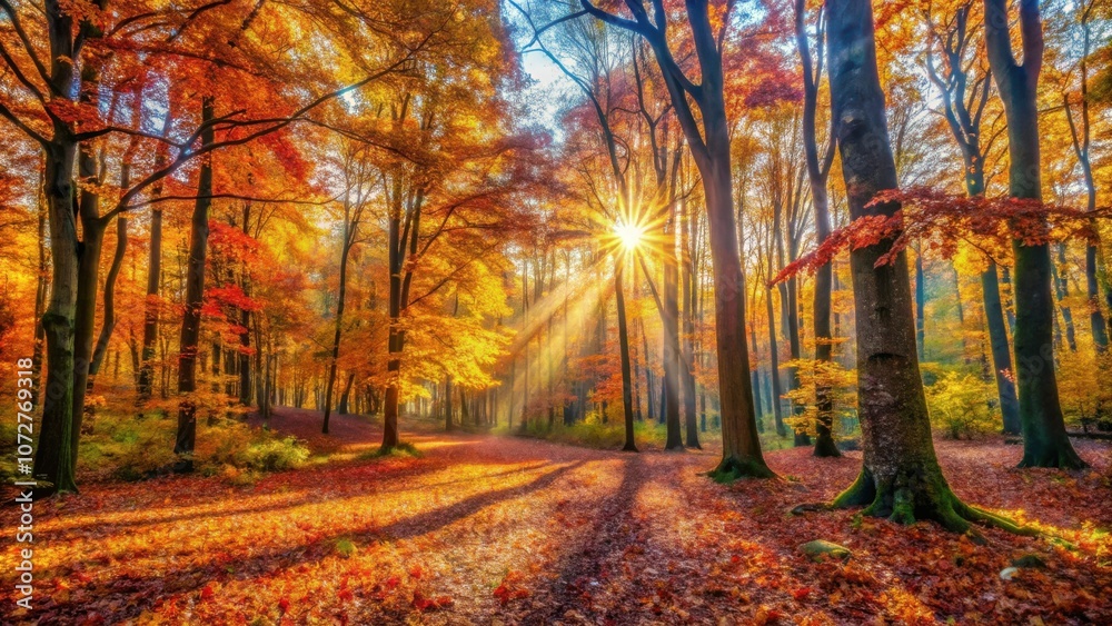 Fototapeta premium A sunbeam pierces through the canopy of a deciduous forest, illuminating a path through the vibrant autumn foliage.