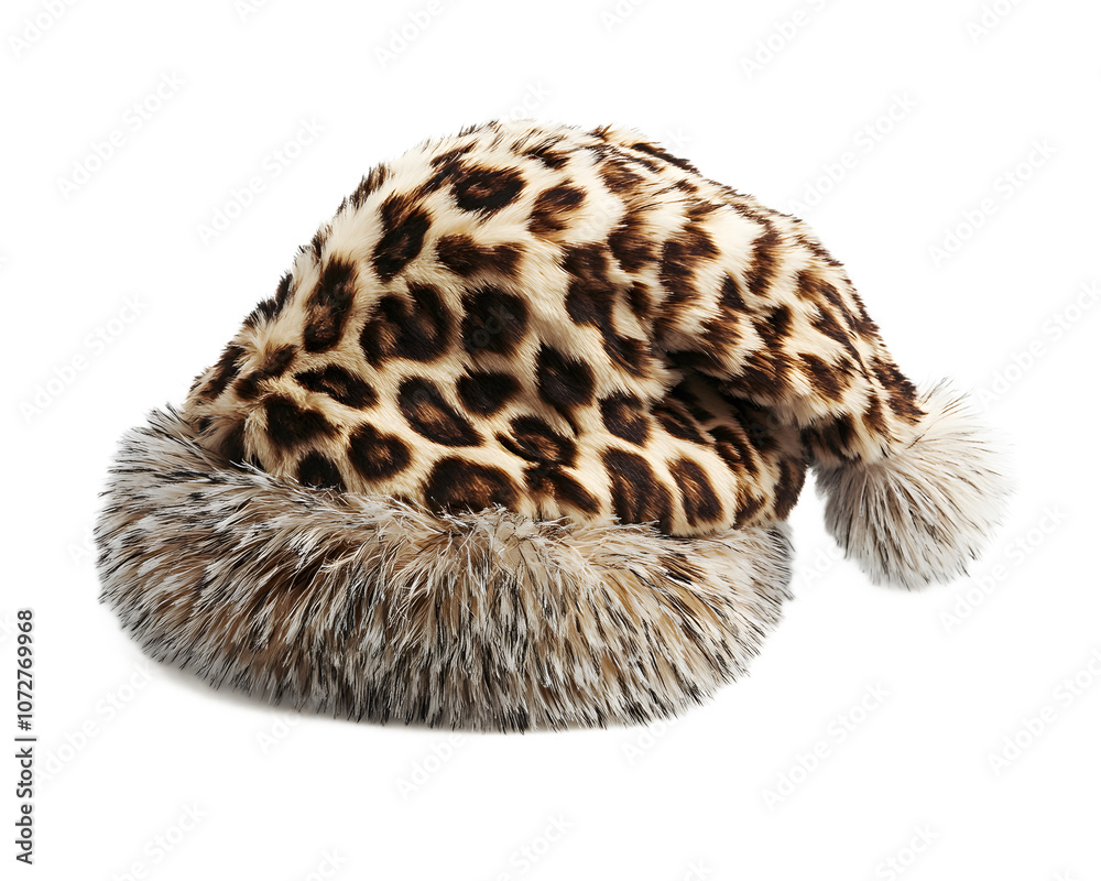 Obraz premium A stylish leopard print Santa hat made of soft faux fur, featuring a fluffy white pom-pom. Perfect accessory for festive celebrations and holiday parties.