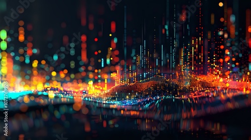 A vibrant digital representation of fluctuating data streams and graphs, symbolizing financial or tech analysis with colorful bar charts and dots.