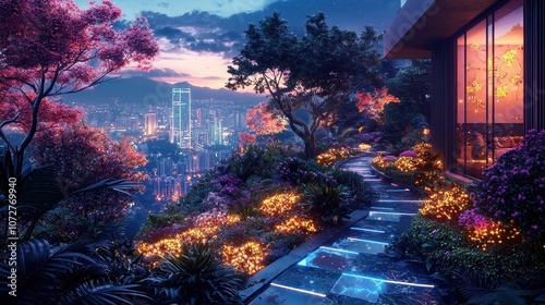 Fototapeta Naklejka Na Ścianę i Meble -  A luminous hilltop garden with bioluminescent flowers and holographic pathways, overlooking a digital cityscape. Neon lights in the background create a harmonious blend of nature and urban life. 