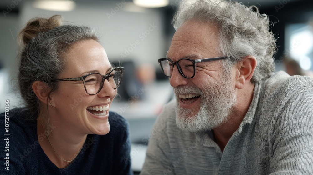 Two American Office Workers Engaging in a Joyful Conversation in a Modern Workspace, Showcasing Collaboration and Team Spirit Two American Office Workers Engaging in a Joyful Conversation in a Modern Workspace, Showcasing Collaboration and Team Spirit