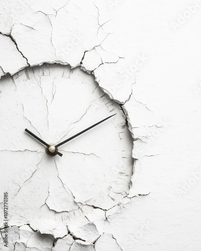 Cracked Clock Face with Missing Hands on a White Wall, Symbolizing Time's Passage and Wear, Ideal for Artistic and Conceptual Themes on Decay and Impermanence