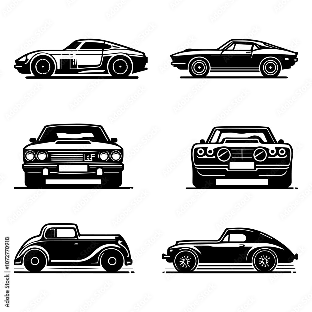 Obraz premium Modern and Classic Car Silhouettes Perfect for Automotive Logos and T-Shirt Graphics