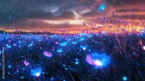 Fototapeta Naklejka Na Ścianę i Meble -  A serene digital meadow with glowing wildflowers and bioluminescent grass under a twilight sky. The flowers sway gently, casting vibrant light over the meadow. A peaceful escape in a digital 