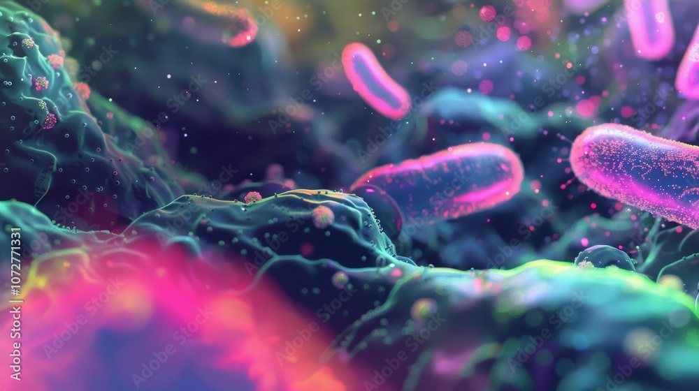 Obraz premium Vibrant Microbial Landscape with Bacterial Structures