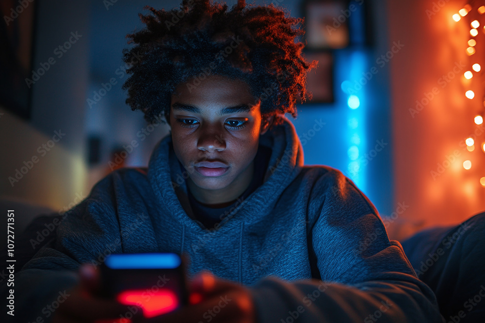 Teenager setting an alarm on their phone and putting it on night mode. Teenager setting an alarm on their phone and putting it on night mode.