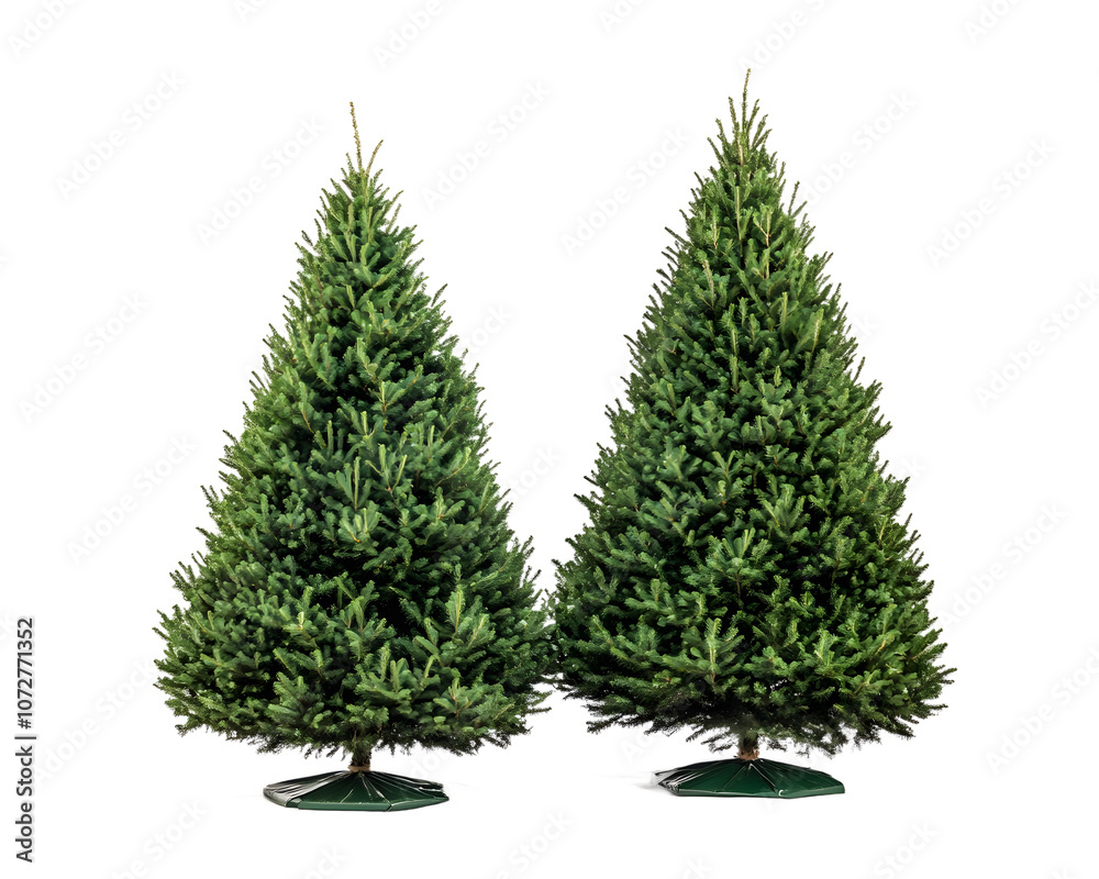 Fototapeta premium Two lush green Christmas trees with a vibrant appearance, set against a white isolated background, perfect for holiday decoration and seasonal themes.