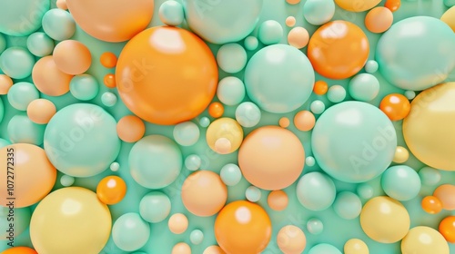 A retroinspired pattern of 3D bubbles in shades of mint green coral and mustard yellow.