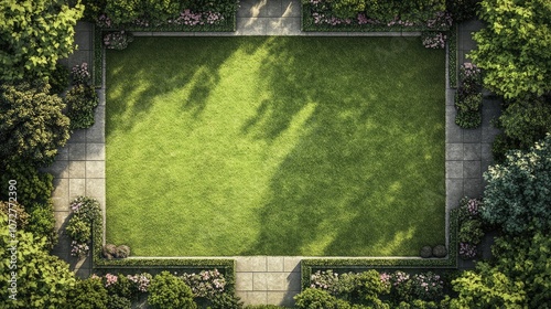 Overhead perspective of a spacious lawn with grass and garden borders, framed by flowerbeds and shrubs.