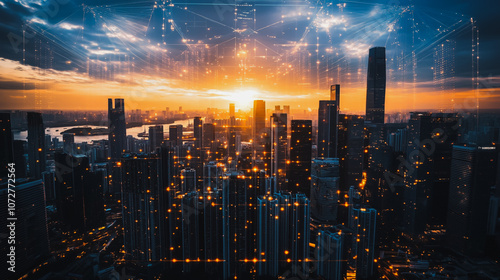 Wallpaper Mural Smart digital Innovation Business skyscrapers in the Financial District with connection network reciprocity over the cityscape. of future smart wireless digital city and social media networking Torontodigital.ca