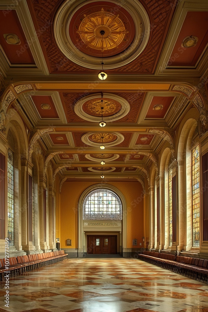 Fototapeta premium Explore the majestic features of a grand council chamber with high ceilings and architectural elegance