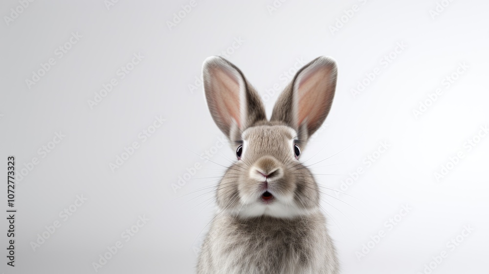 Fototapeta premium Surprised Funny Cute Bunny with Big Eyes on Light Background, Cute Animal Portrait