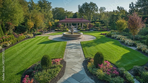 Top perspective of a well-kept lawn featuring a mix of grass, flower beds, and a decorative fountain.