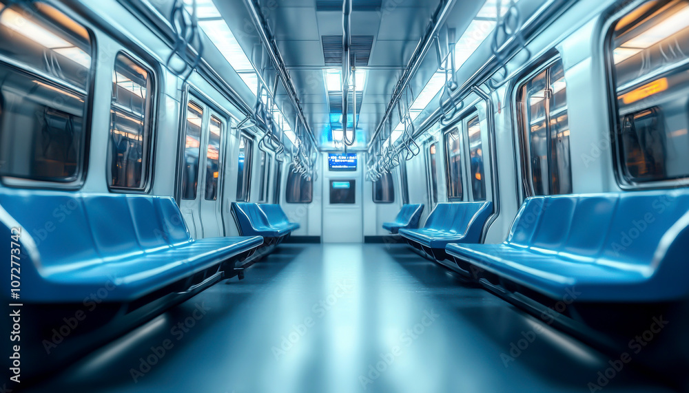 Obraz premium Modern subway train interior with empty blue seats and bright lighting.