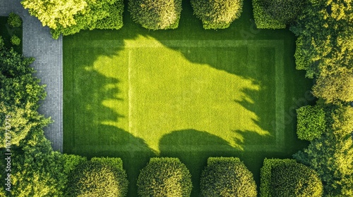 Top view of a freshly mowed green front lawn with geometric patterns, showcasing clean lines and sunlight.
