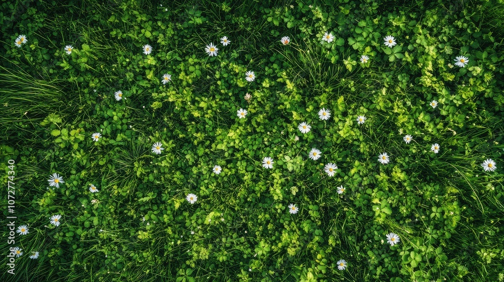 Top view of an untouched green meadow with lush grass and blooming wildflowers. Top view of an untouched green meadow with lush grass and blooming wildflowers.