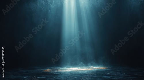 A dark space illuminated by beams of light, creating a mystical atmosphere.