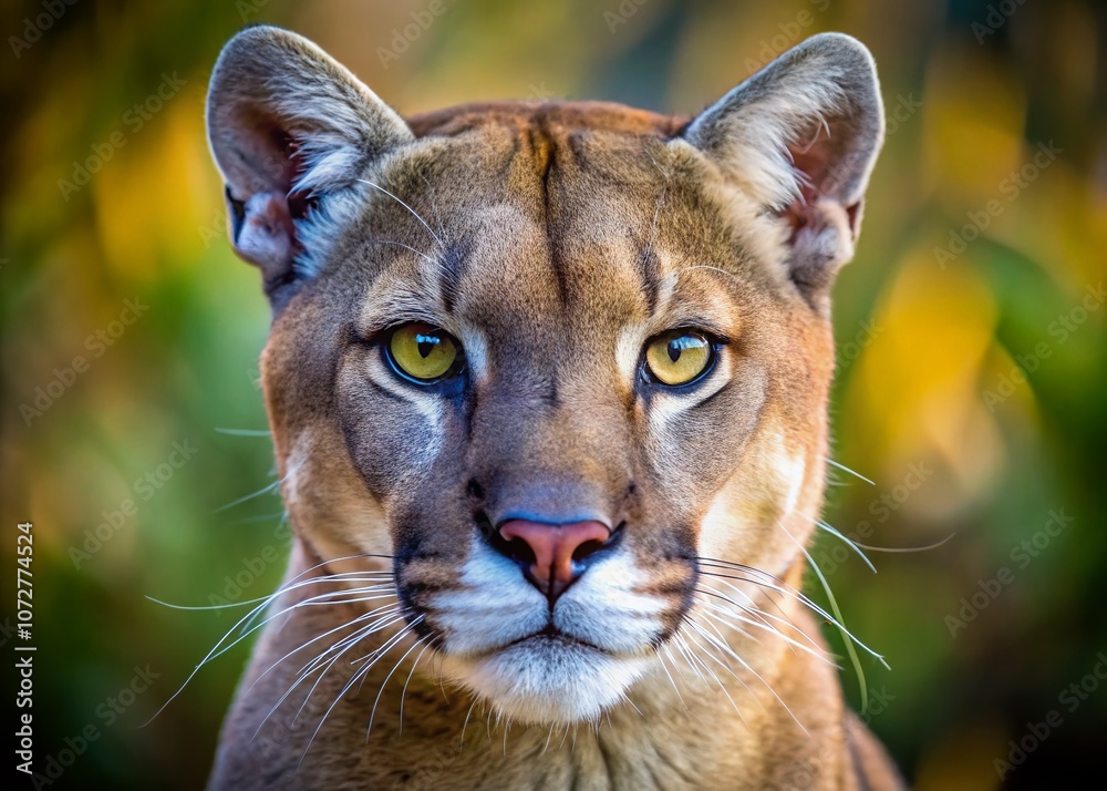Fototapeta premium Majestic Close-Up of a Cougar Captured in Nature’s Splendor, Showcasing its Graceful Features and Intense Gaze with Perfect Rule of Thirds Composition for Stunning Visual Impact