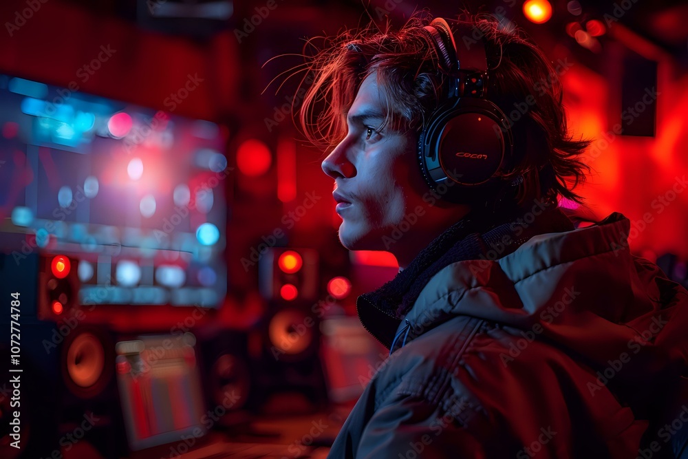 Portrait of a young man wearing headphones in a moody, neon-lit studio setup, deeply focused on a screen. Perfect for themes of technology, creativity, and digital work. Portrait of a young man wearing headphones in a moody, neon-lit studio setup, deeply focused on a screen. Perfect for themes of technology, creativity, and digital work.