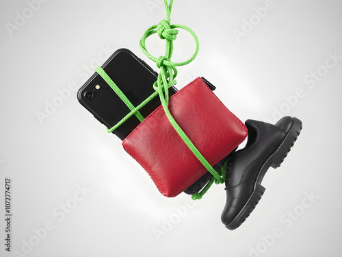 floating secured green bungee cords in knot wrapped around items in the air like a phone, purse, and shoe! inflatable phone case! cords coming into frame from the left and right sides, c lips, connect photo