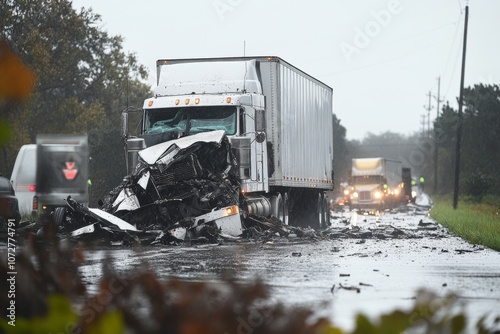Semi-trailer truck crash causes traffic disruption on a wet freeway during inclement weather