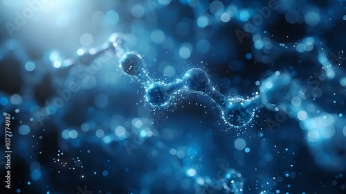 Abstract molecular chain glowing in blue light with a soft bokeh background, representing science, innovation, and futuristic technology. Ideal for concepts of research and biotechnology.