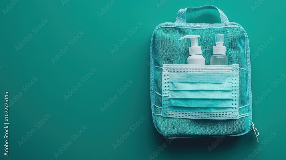 Obraz premium Macro of a face mask and hand sanitizer in a person s bag, promoting infection mitigation on-the-go, Face mask and sanitizer in bag macro, Portable and protective