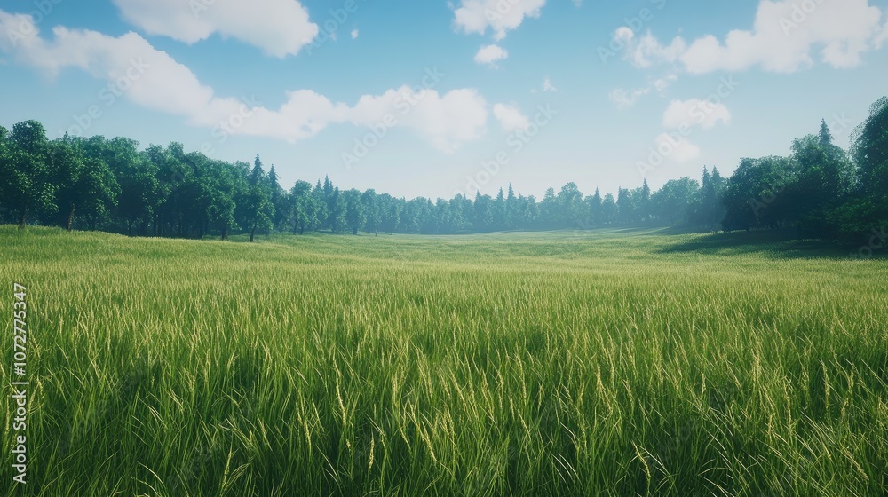 Fototapeta premium Wide open field with tall, green grass swaying in the breeze, bordered by a forest in the distance.