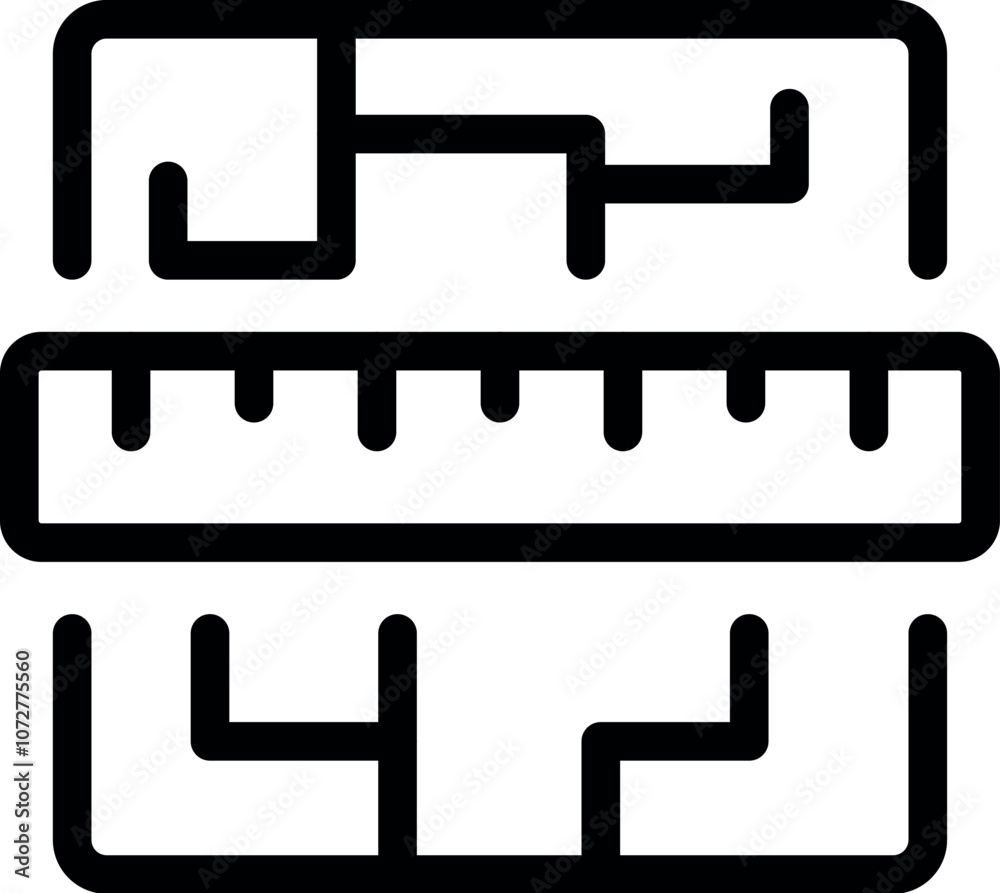 Black and white vector icon of a ruler measuring an abstract circuit board pattern, representing engineering and precision Black and white vector icon of a ruler measuring an abstract circuit board pattern, representing engineering and precision