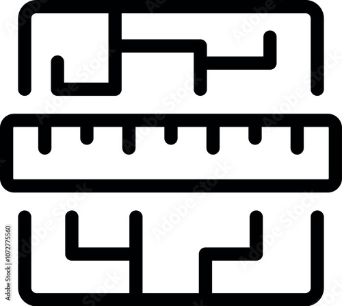 Black and white vector icon of a ruler measuring an abstract circuit board pattern, representing engineering and precision