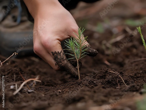 Person planting young tree in rich soil. photo