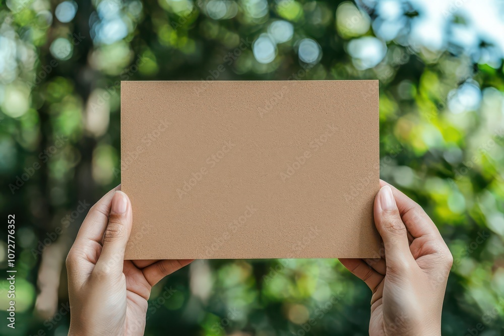 Close-up of blank card held by two fingers against a blurred outdoor background, Hand holding card with outdoor background, Natural and versatile Close-up of blank card held by two fingers against a blurred outdoor background, Hand holding card with outdoor background, Natural and versatile
