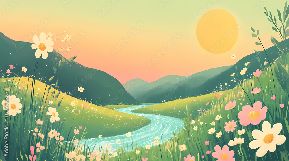 Fototapeta premium Cartoon vector a whimsical spring landscape with a flowing river, blooming flowers, and green hills. Whimsical. Illustration